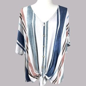Striped Button Front Tie Top Womens Size 3X Multicolor Slouchy Boho Coastal